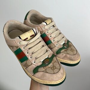 Used Gucci screener leather terrycloth tan GG monogram print logo sneakers 37